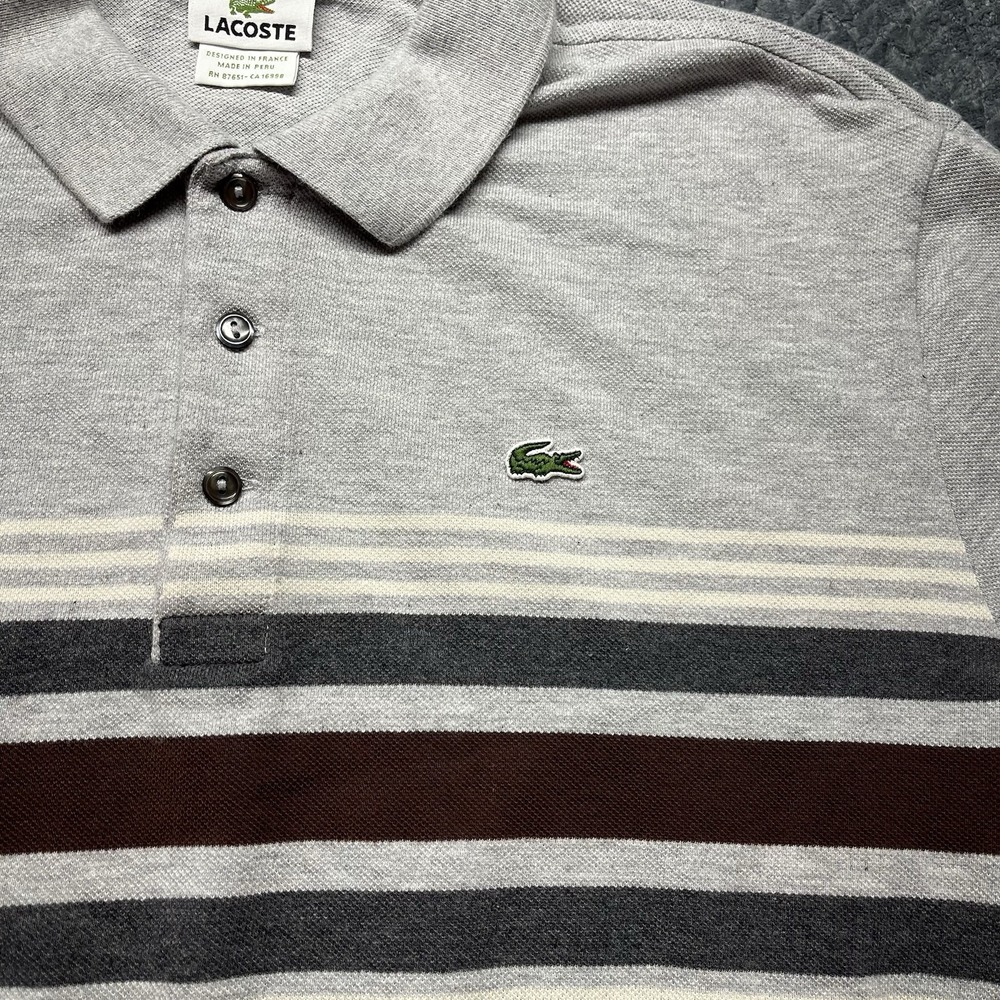 Lacoste Men Polo Shirt Size 7 Gray Striped 100% Cotton Classic Fit Made In Peru - Picture 4 of 7